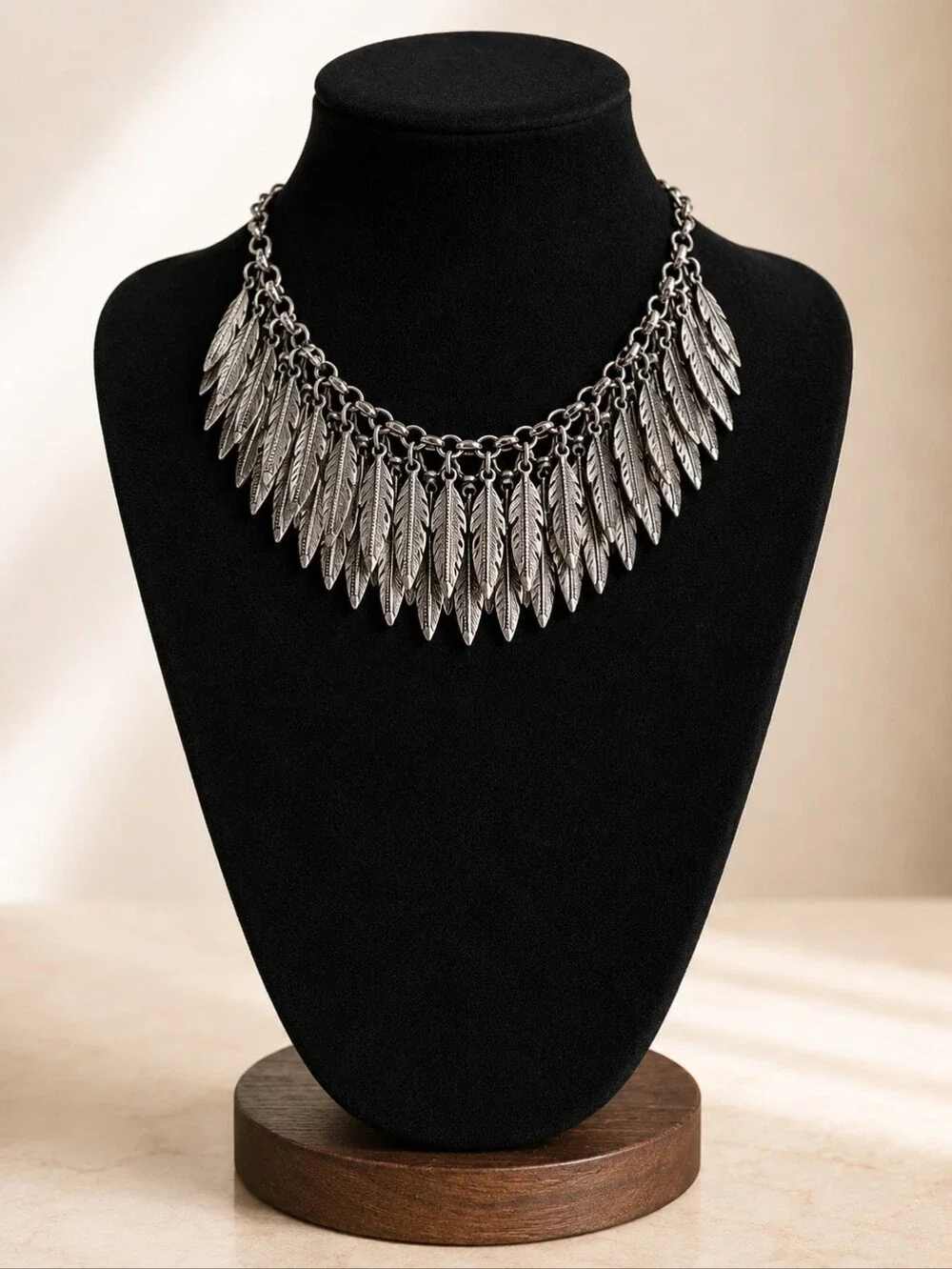 BOHO BURNISHED SILVER MULTI LAYER FEATHER BIB STATEMENT NECKLACE FESTIVAL